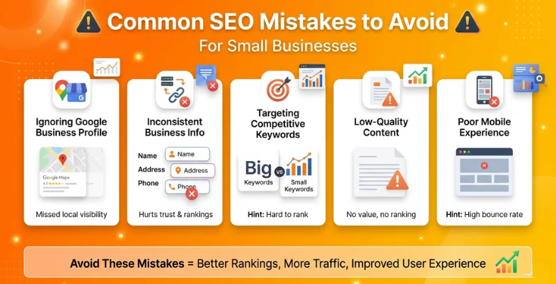 SEO mistakes like ignoring Google Business Profile, inconsistent info, targeting hard keywords, low-quality content, and poor mobile experience.