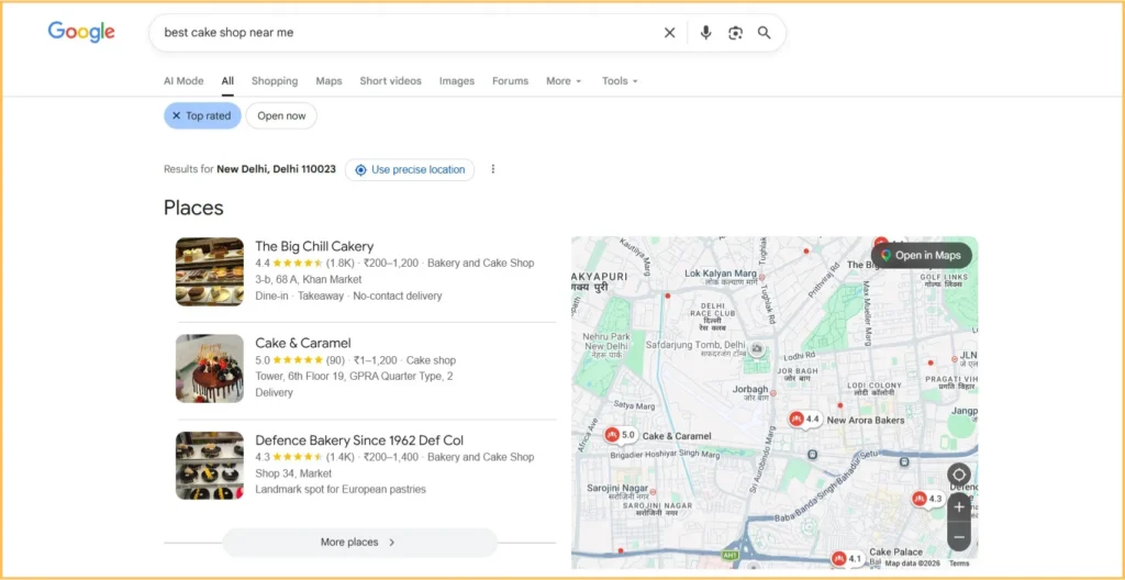 Google search results for best cake shop near me showing listings and map in New Delhi (1)