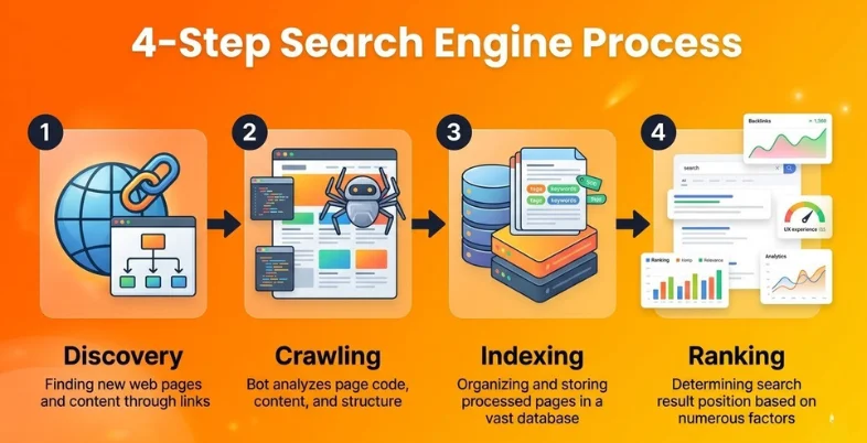 how search engines work: discovery of pages, crawling website content, indexing data, and ranking results based on relevance and performance factors.