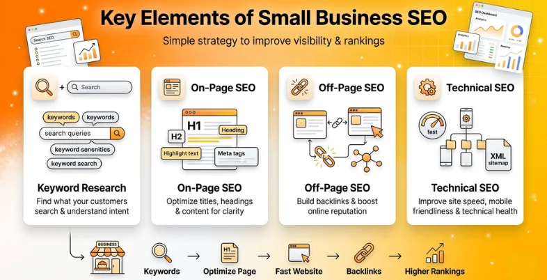 small business SEO basics including keyword research, on-page SEO, off-page SEO, and technical SEO with steps like optimization, backlinks, and improving rankings.