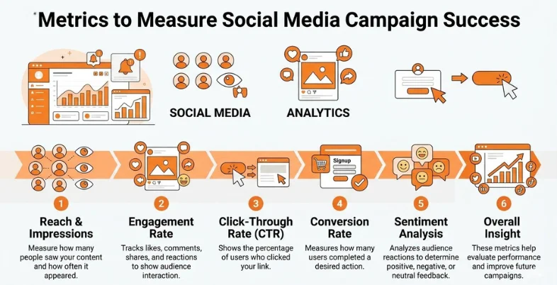 social media campaign metrics including reach, impressions, engagement rate, click-through rate, conversion rate, sentiment analysis, and overall insights.
