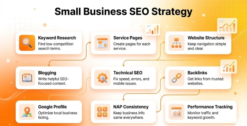 Small Business SEO Strategy" showing steps like keyword research, service pages, website structure, blogging, technical SEO, backlinks, Google profile, NAP consistency, and tracking.